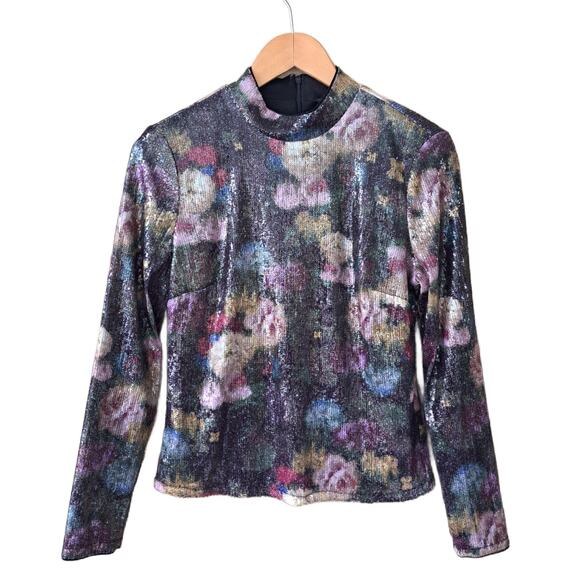 NICOLE MILLER Floral Sequin Mock Neck Long Sleeve Shimmer Top - Picture 5 of 7